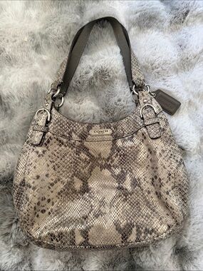 Coach Taupe and Dark Brown Snake-Print Shoulder Bag